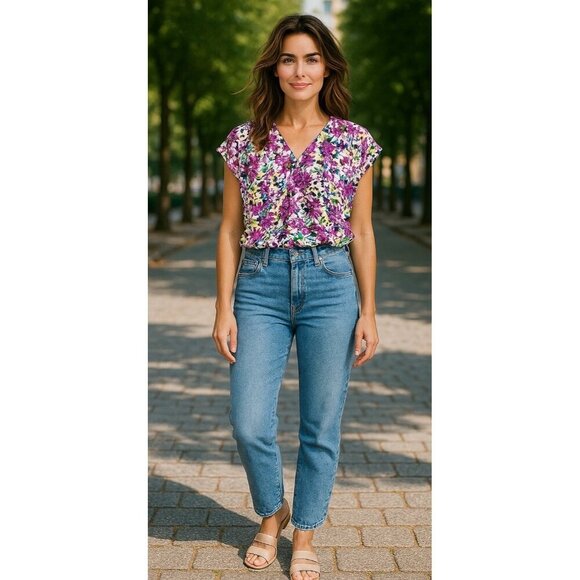 CAbi Tops - NEW Cabi #5211 Purple Eden Floral Wrap Top Flower Power Cap Sleeve Size M